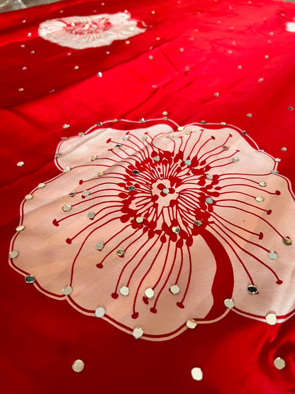 Beautiful Red Color Flower Design and Mirror Work Saree with Blouse Piece