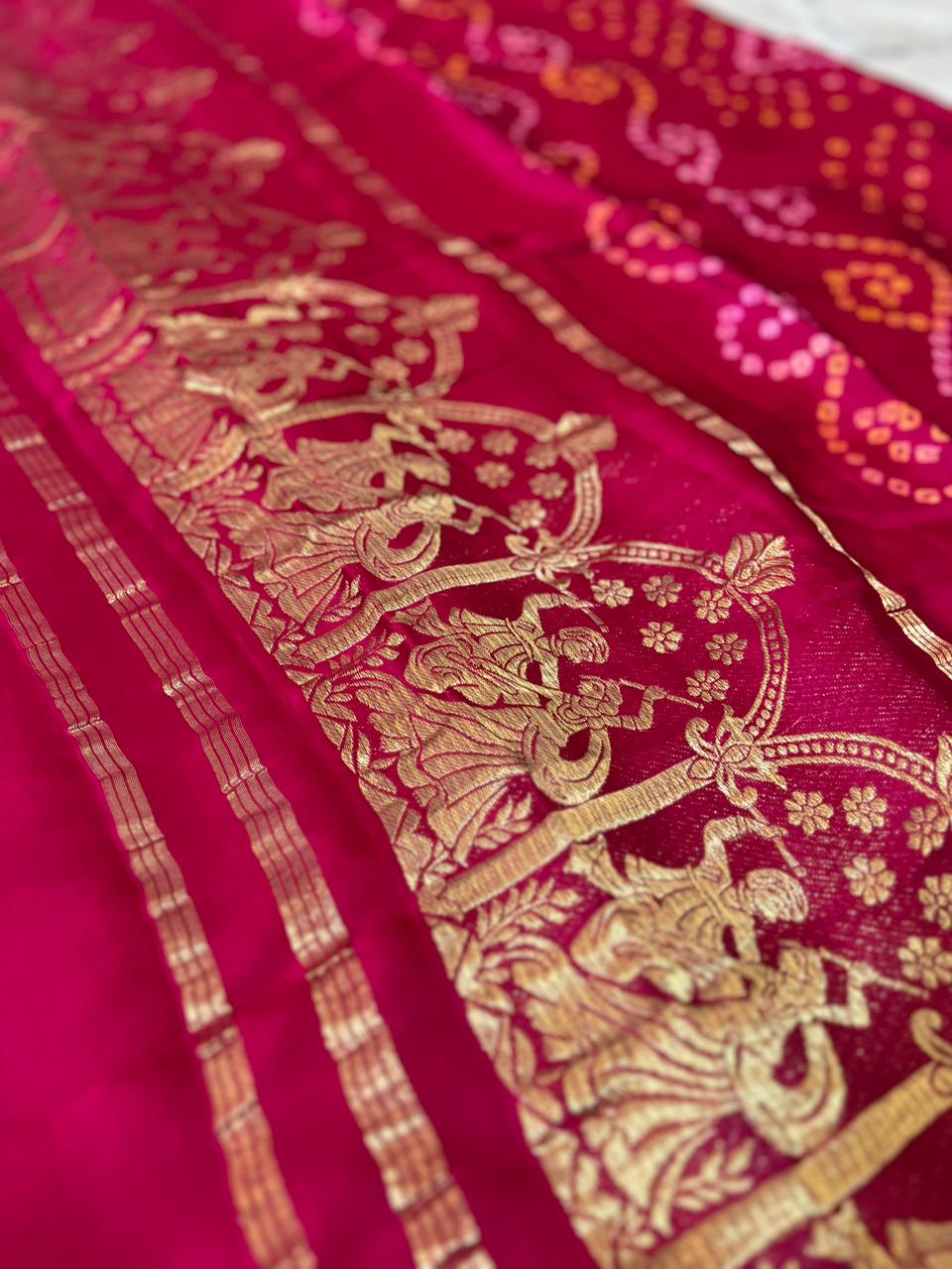 Pure Gaji Silk Pink Color Bandhini Saree with Heavy Zari Pallu and Same Fabric Blouse Piece