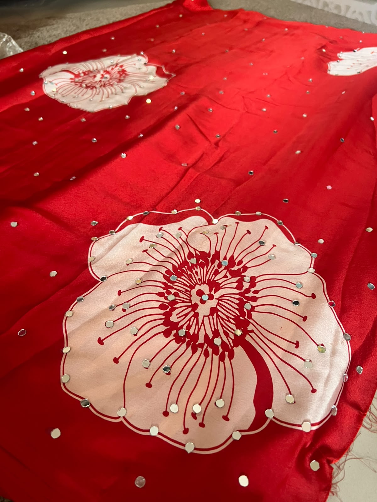 Beautiful Red Color Flower Design and Mirror Work Saree with Blouse Piece