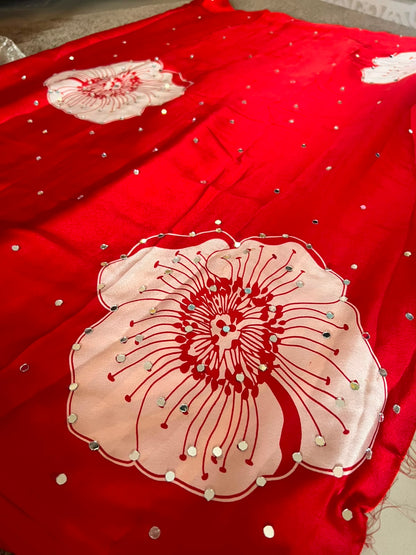 Beautiful Red Color Flower Design and Mirror Work Saree with Blouse Piece
