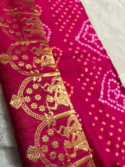 Pure Gaji Silk Pink Color Bandhini Saree with Heavy Zari Pallu and Same Fabric Blouse Piece