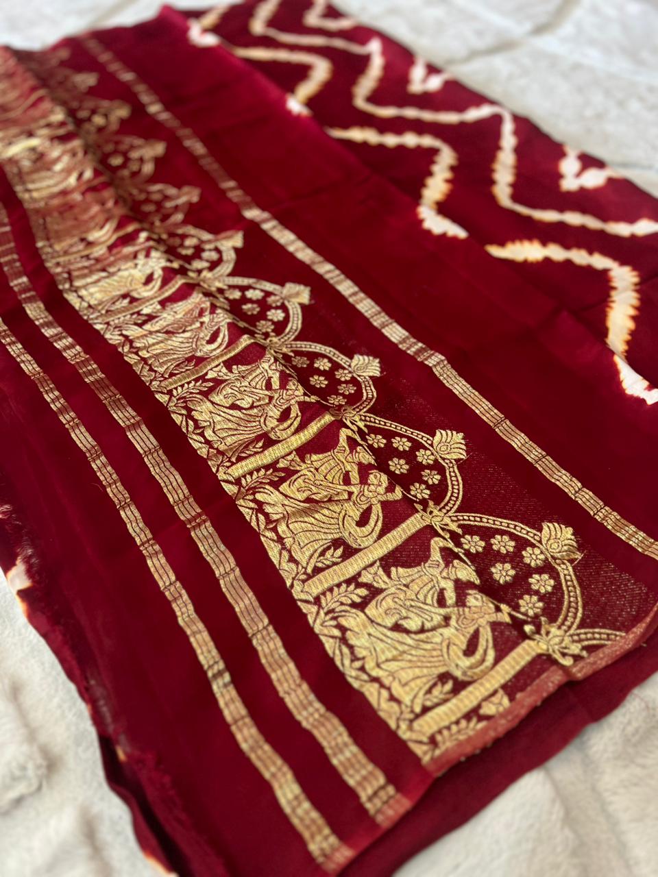 Pure Gaji Silk Maroon Color Bandhini Saree with Heavy Zari Pallu and Same Fabric Blouse Piece