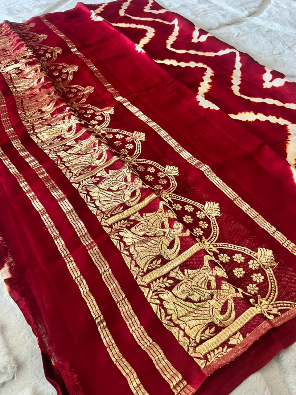 Pure Gaji Silk Maroon Color Bandhini Saree with Heavy Zari Pallu and Same Fabric Blouse Piece