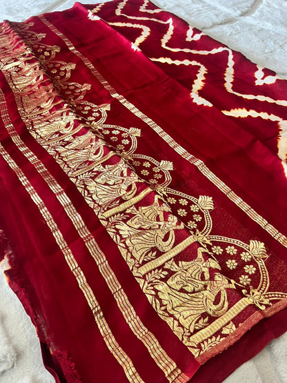 Pure Gaji Silk Maroon Color Bandhini Saree with Heavy Zari Pallu and Same Fabric Blouse Piece