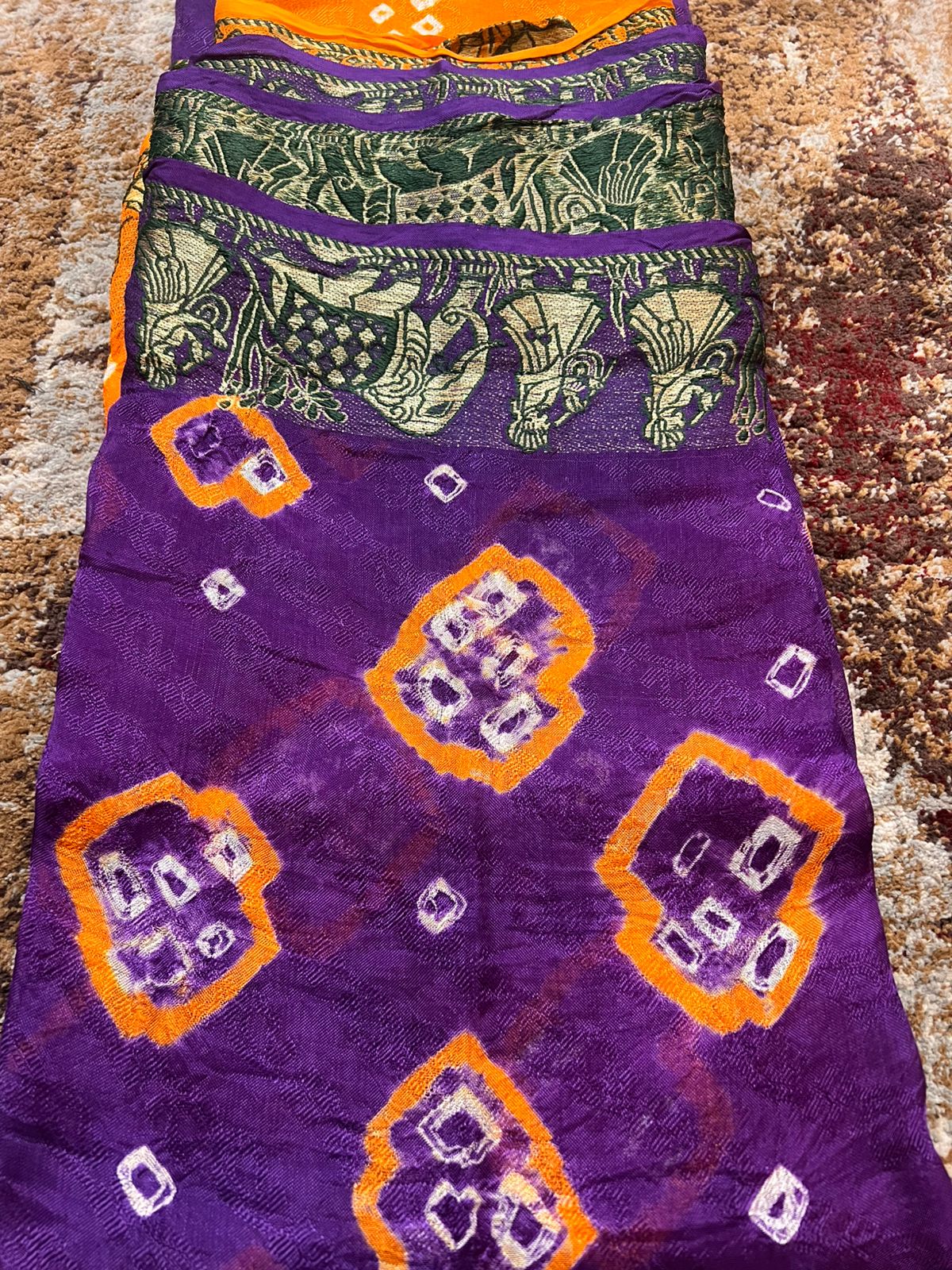 Orange and Purple Bandhini Saree with Beautiful Zari Border and Same Fabric Running Blouse