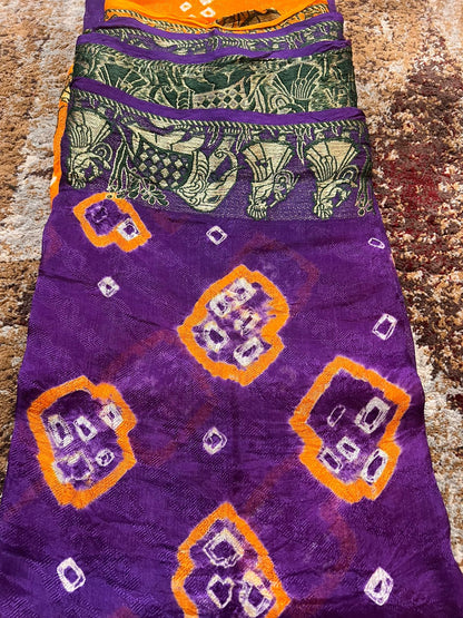 Orange and Purple Bandhini Saree with Beautiful Zari Border and Same Fabric Running Blouse