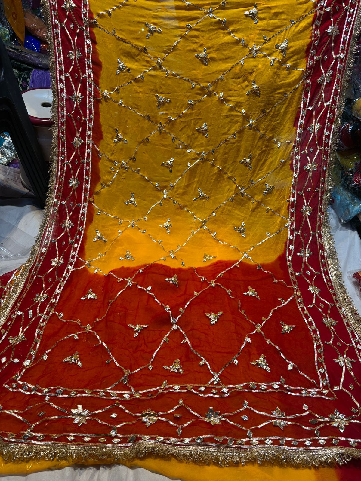 Yellow and Red Gota Zaal Handwork Work Saree