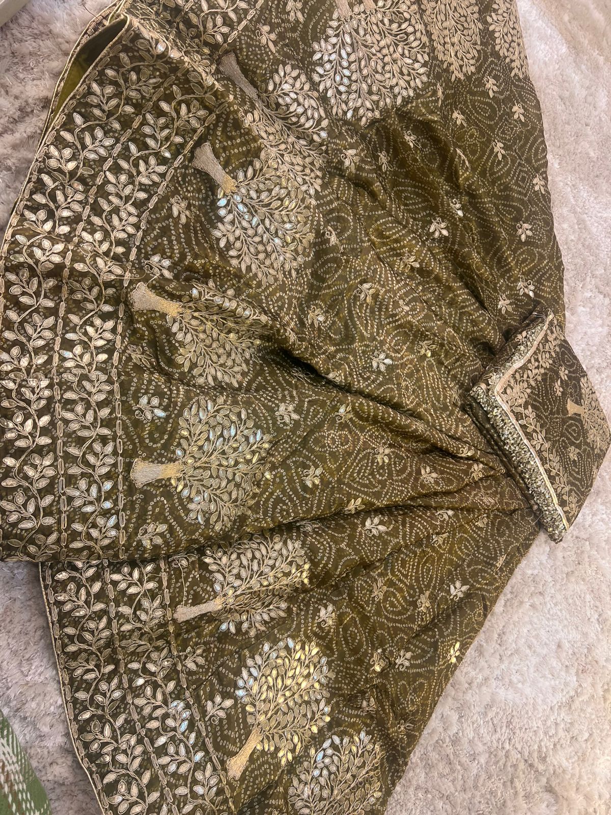 Bandhini with Gota Patti Work Full Ghera Mehendi Green Poshak (Unstitched)