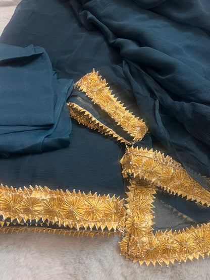 Navy Blue Pure Chiffon Saree with Beautiful Rajasthani Border and Pure Crêpe Blouse Piece