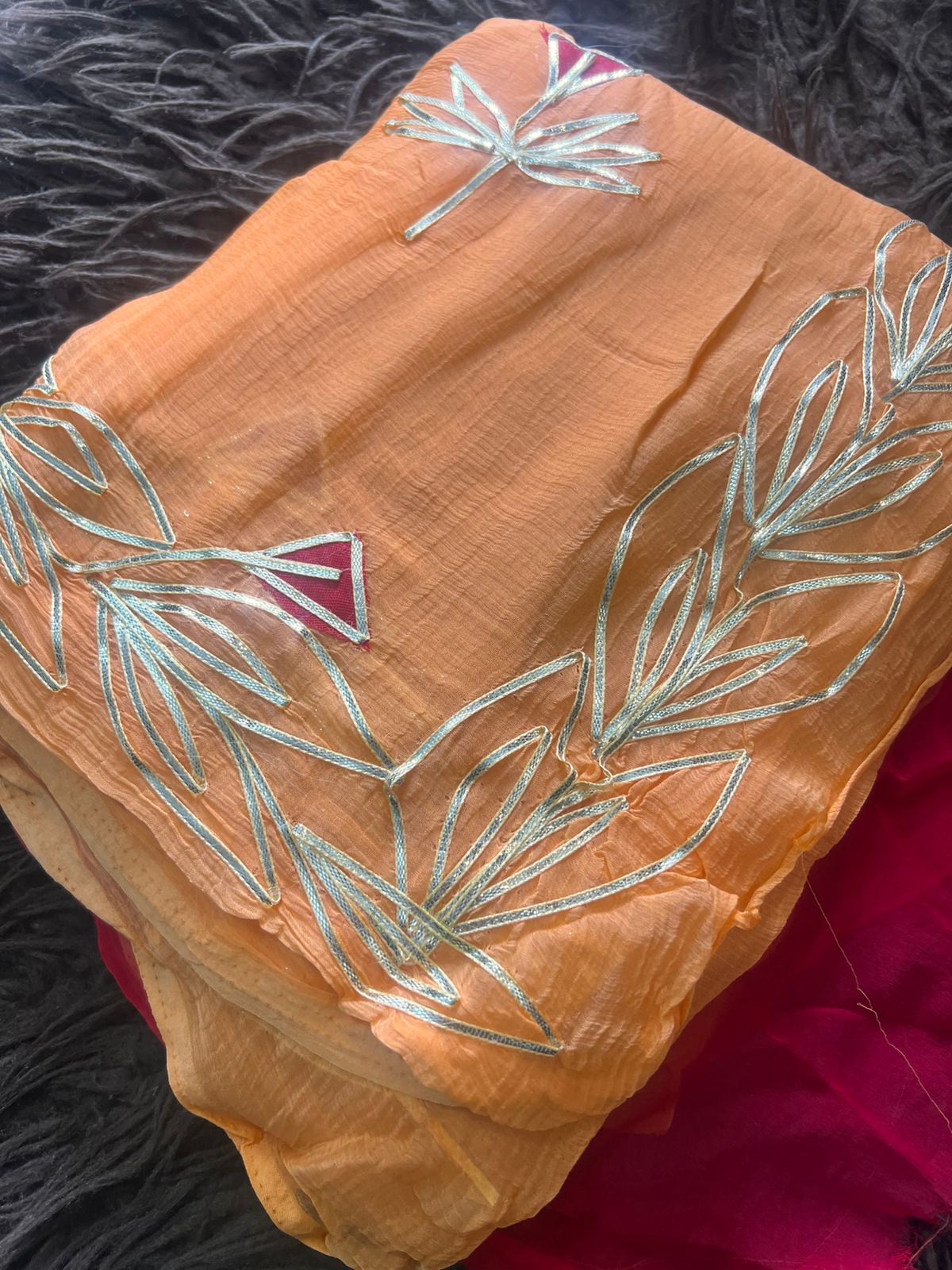 Peach-Orange Color Gota Work Chiffon Saree with Red Blouse Piece