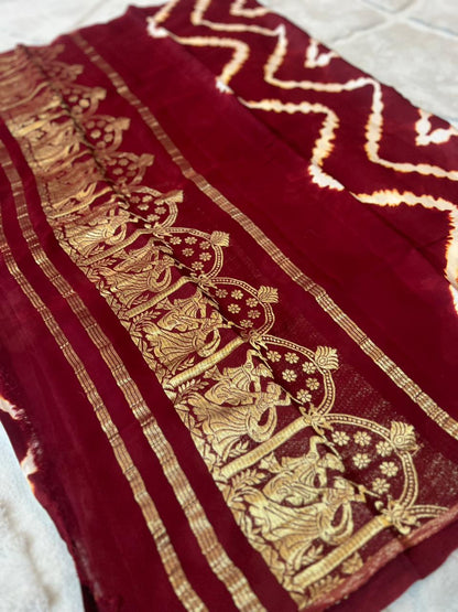 Pure Gaji Silk Maroon Color Bandhini Saree with Heavy Zari Pallu and Same Fabric Blouse Piece