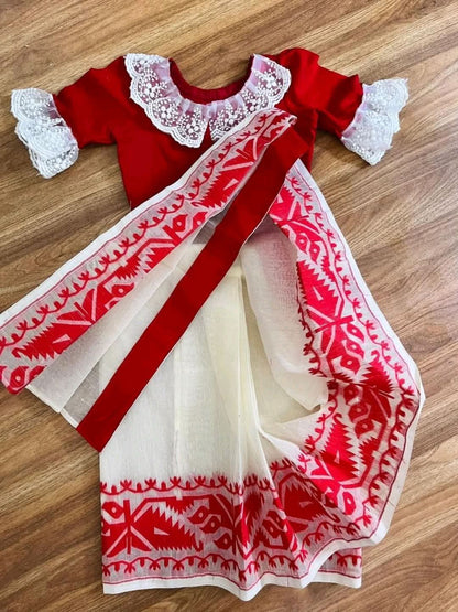 Beautiful White and Red Baby Saree with Ready Blouse (3-7 Years)