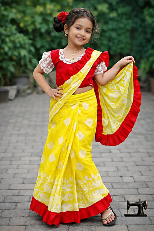 Beautiful Yellow and Red Baby Saree with Ready Blouse (3-7 Years)
