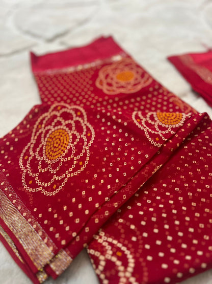 Pure Georgette Bandhini Saree with Satin Border and Same Fabric Blouse Piece