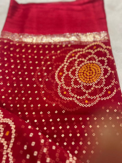Pure Georgette Bandhini Saree with Satin Border and Same Fabric Blouse Piece