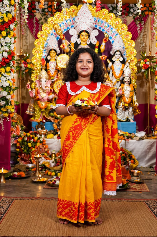 Beautiful Orange and Red Baby Saree with Ready Blouse (3-7 Years)