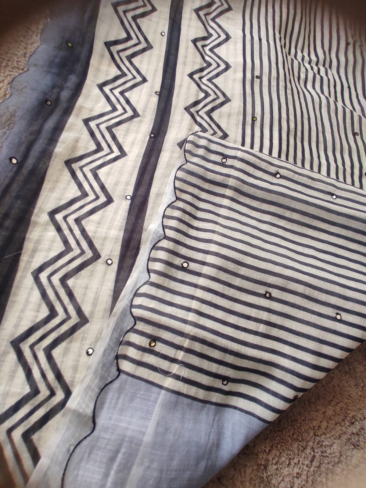 Beaitiful Cotton Saree with Cut Work Border and Mirror Work All Over Saree with Blouse Piece