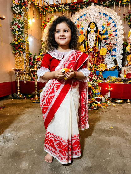 Beautiful White and Red Baby Saree with Ready Blouse (3-7 Years)