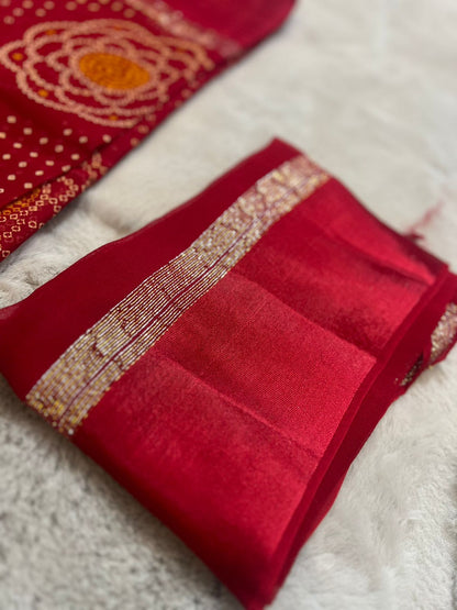 Pure Georgette Bandhini Saree with Satin Border and Same Fabric Blouse Piece
