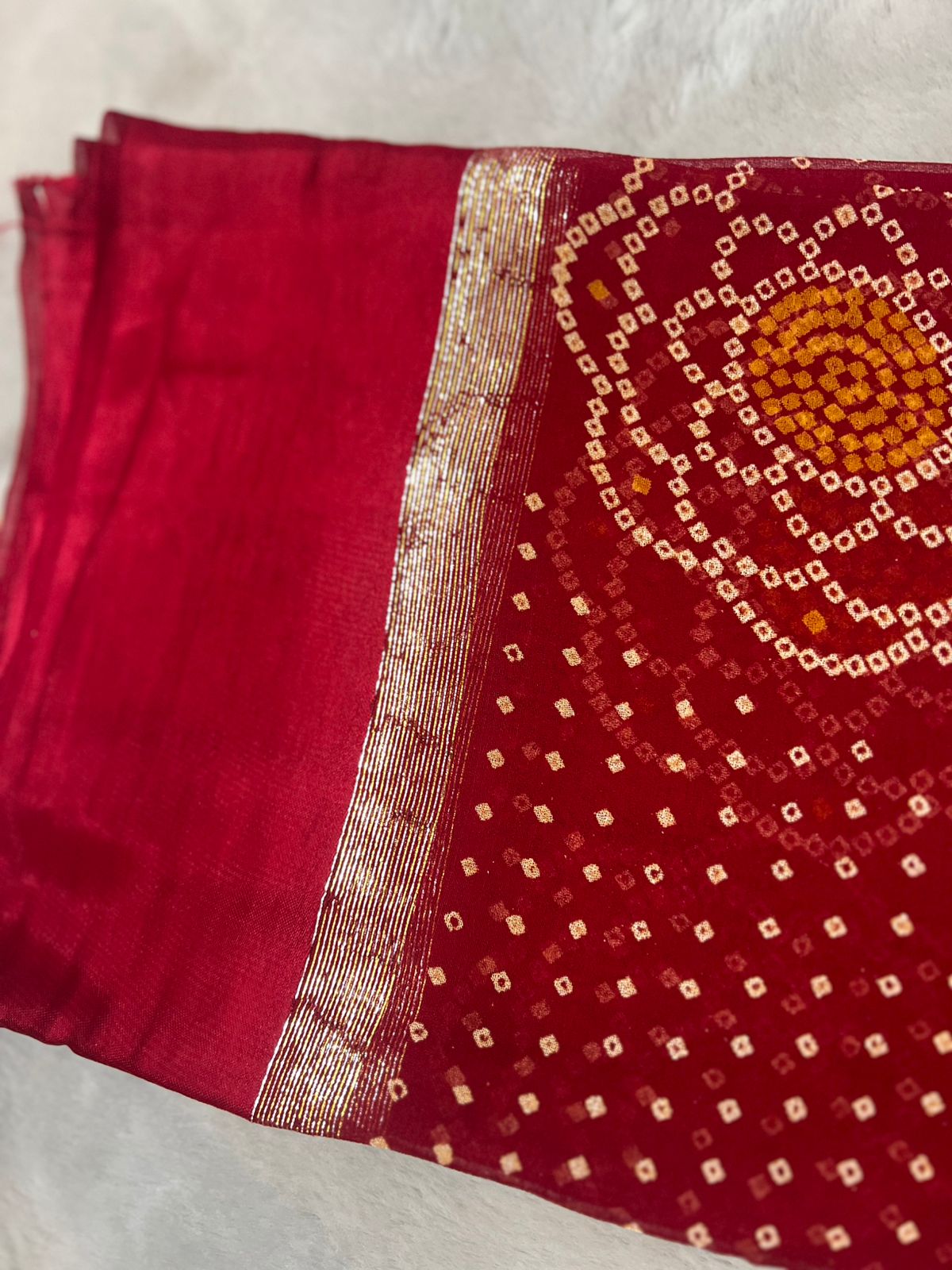 Pure Georgette Bandhini Saree with Satin Border and Same Fabric Blouse Piece