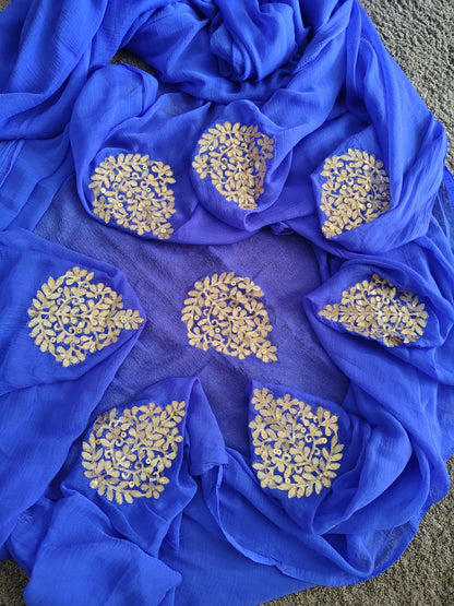 Beautiful Blue Chifffon Saree Gota Work all over the Saree with Same Fabric Blouse Piece