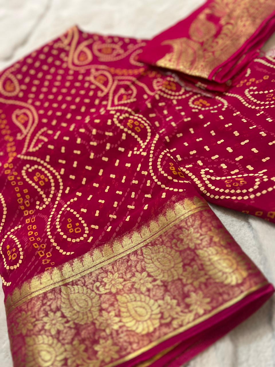 Pure Georgette Bandhini Saree with Zari Border and Same Fabric Blouse Piece