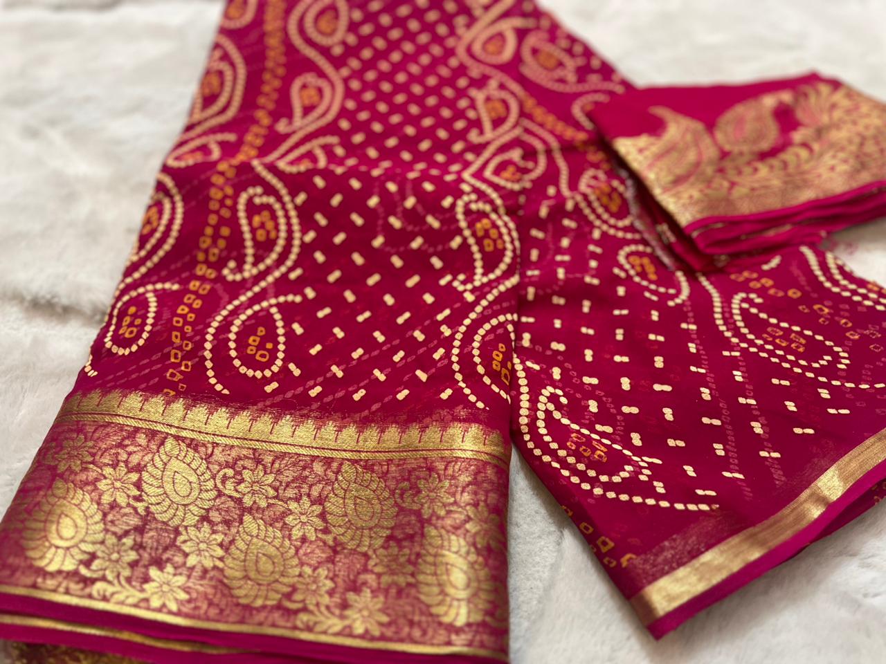 Pure Georgette Bandhini Saree with Zari Border and Same Fabric Blouse Piece