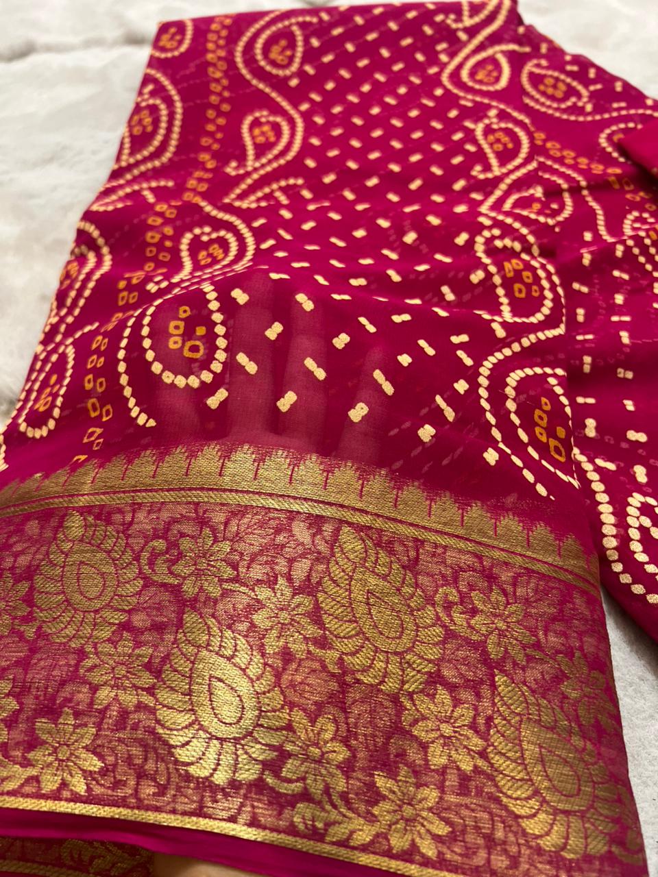 Pure Georgette Bandhini Saree with Zari Border and Same Fabric Blouse Piece