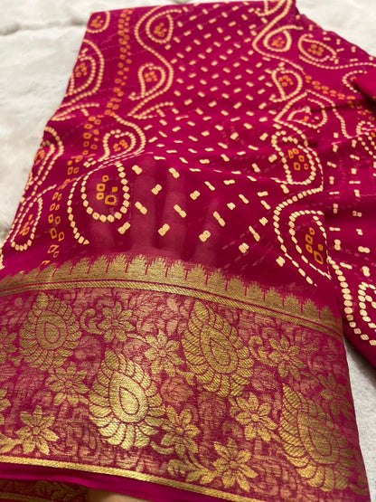 Pure Georgette Bandhini Saree with Zari Border and Same Fabric Blouse Piece