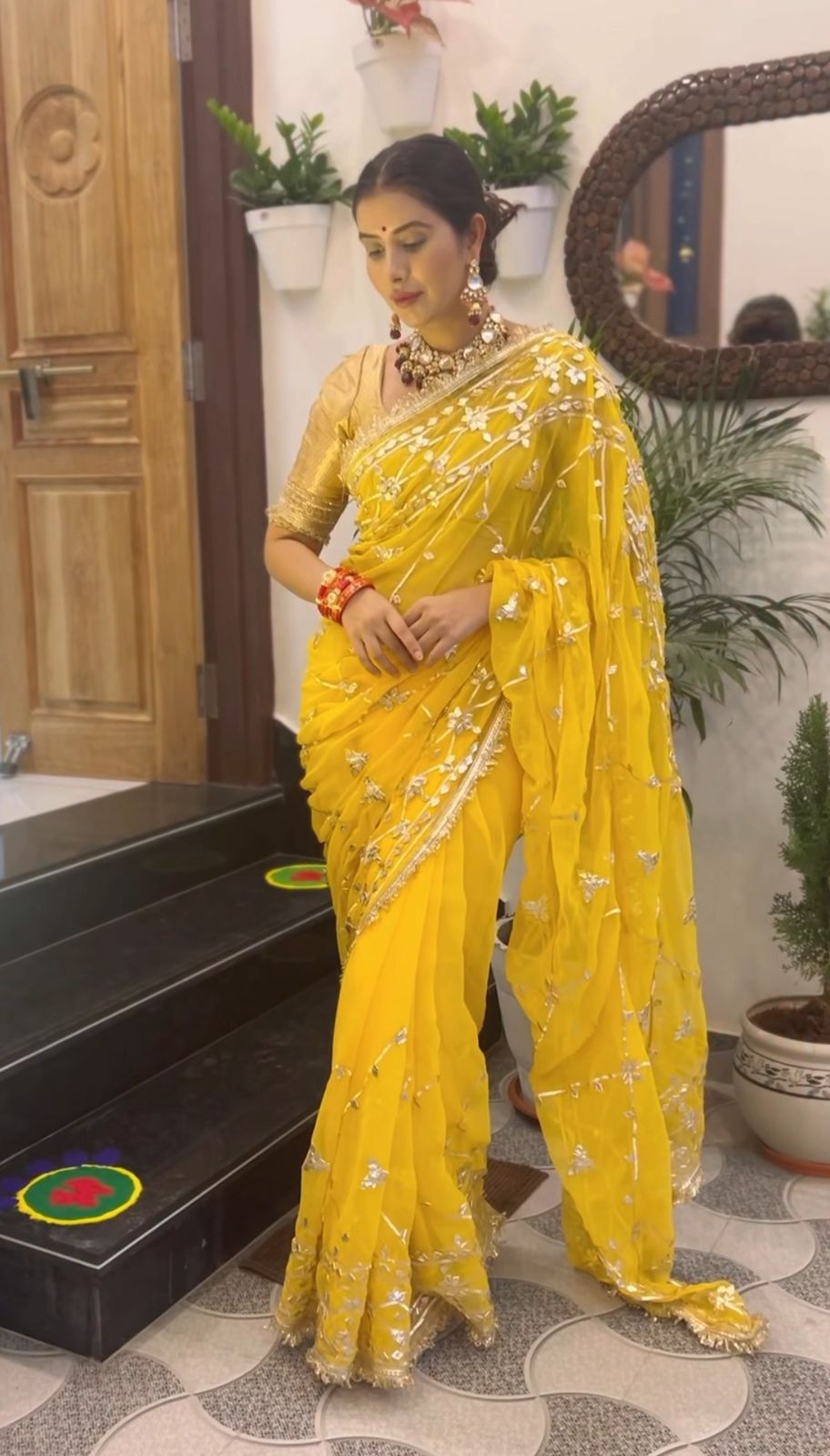 Beautiful Yellow Color Soft Chiffon Gota Zaal Work Saree