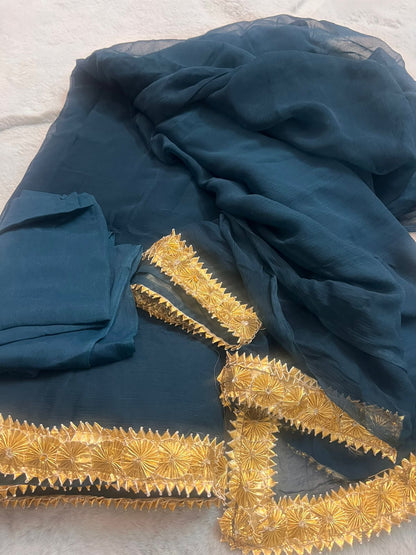 Navy Blue Pure Chiffon Saree with Beautiful Rajasthani Border and Pure Crêpe Blouse Piece