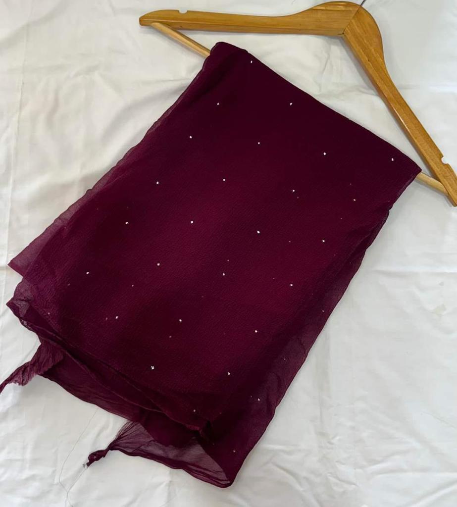 Dark Maroon Chiffon Mukesh Work Saree with Same Fabric Blouse Piece