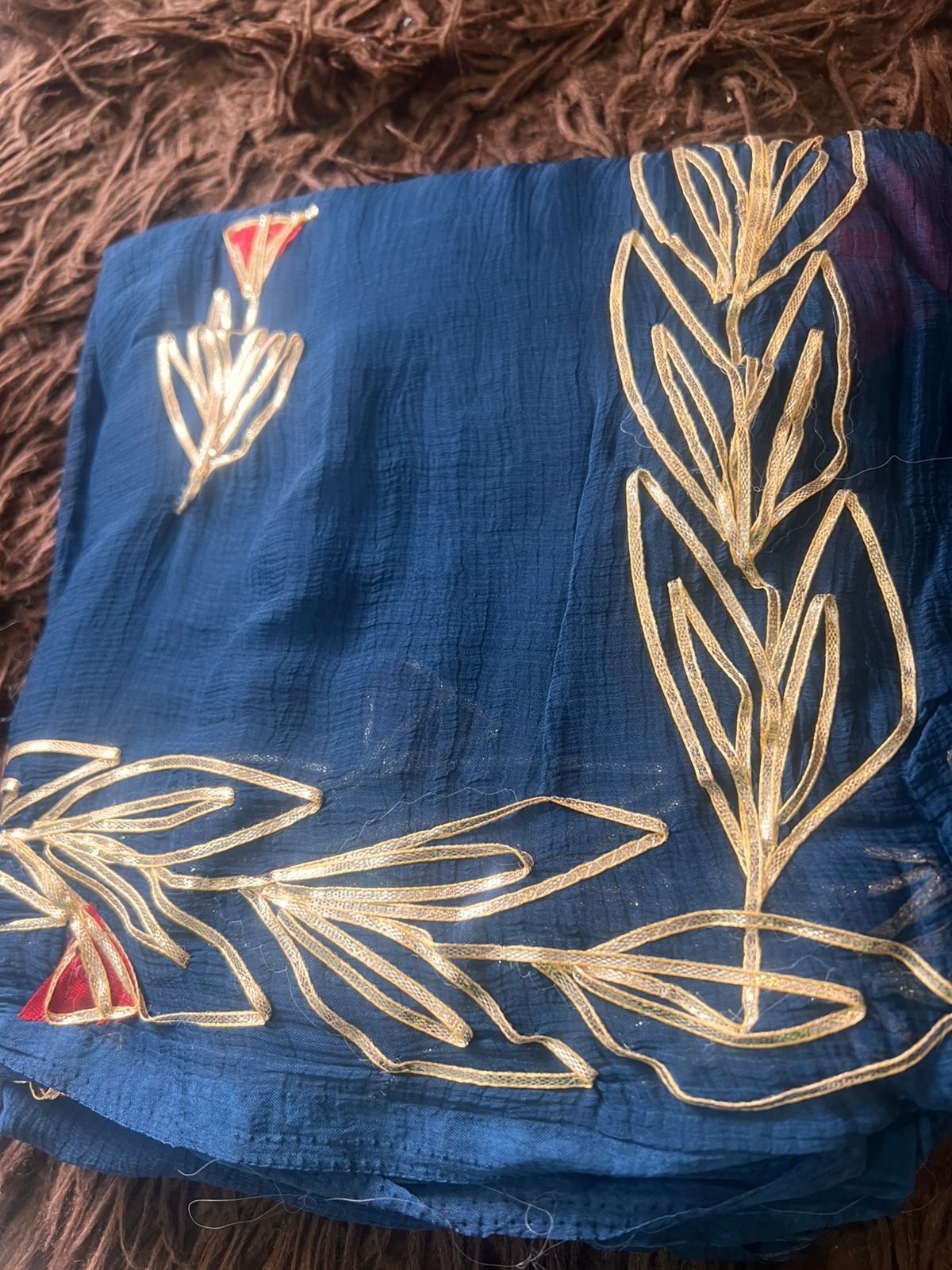 Royal Blue Gota Work Chiffon Saree with Red Blouse Piece