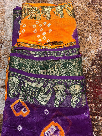 Orange and Purple Bandhini Saree with Beautiful Zari Border and Same Fabric Running Blouse
