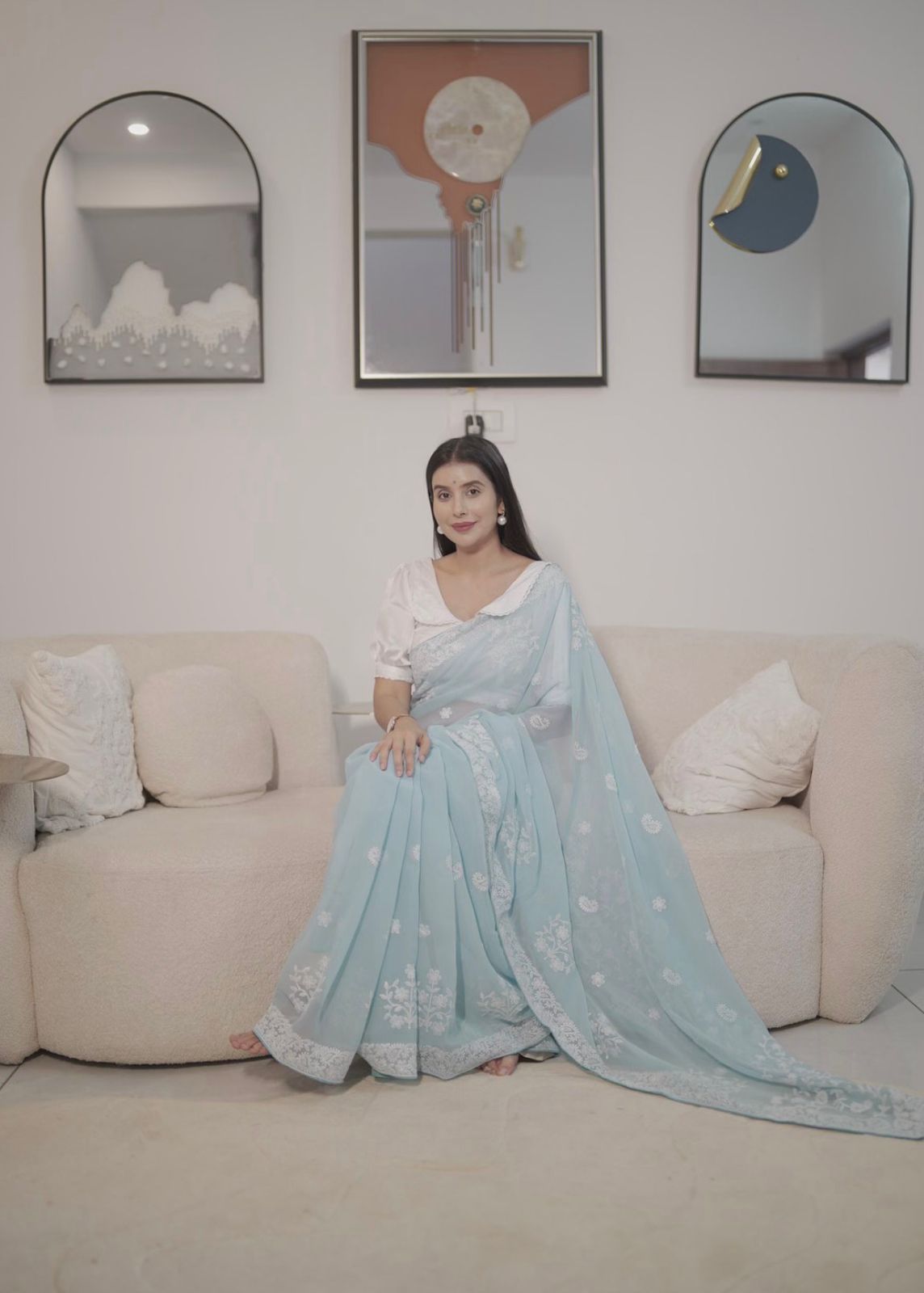 Soft Georgette Sky Blue Chikankari Saree with White Cotton Silk Blouse Piece