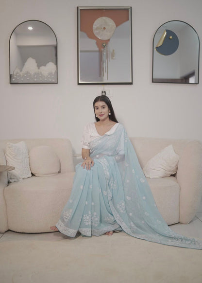 Soft Georgette Sky Blue Chikankari Saree with White Cotton Silk Blouse Piece