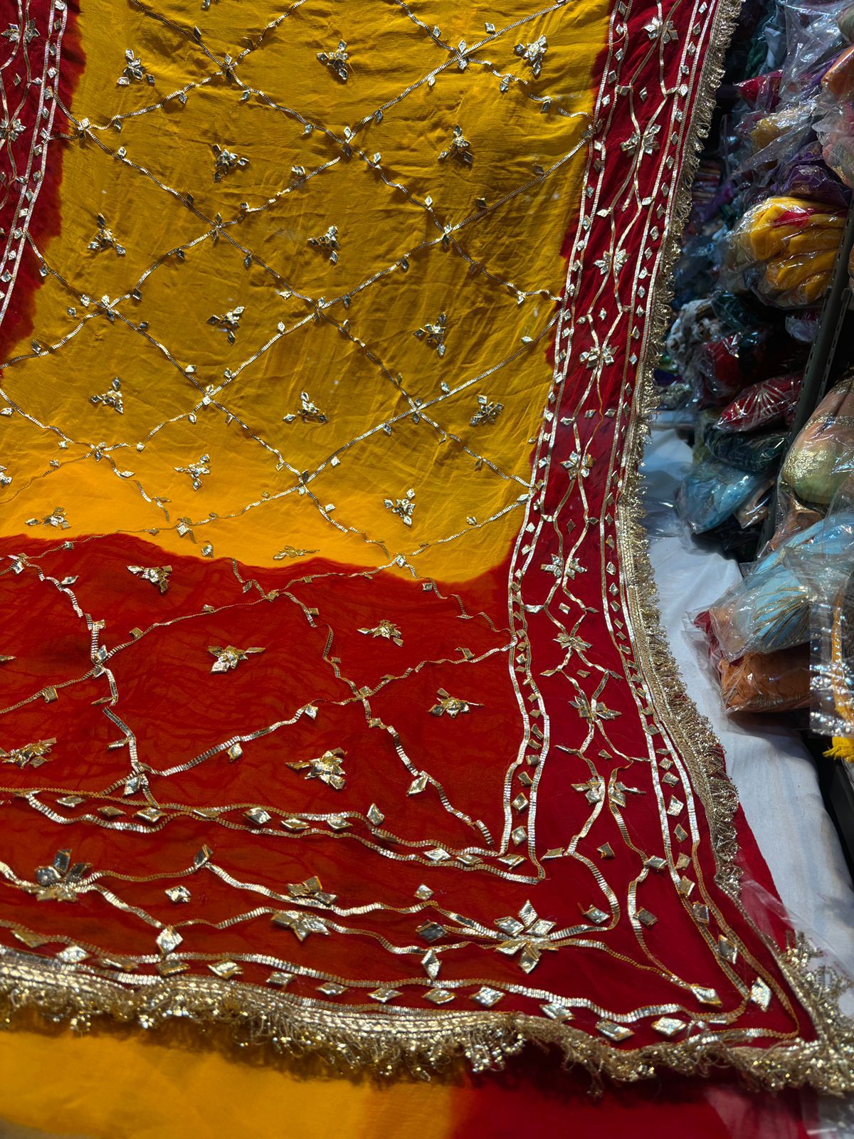 Yellow and Red Gota Zaal Handwork Work Saree