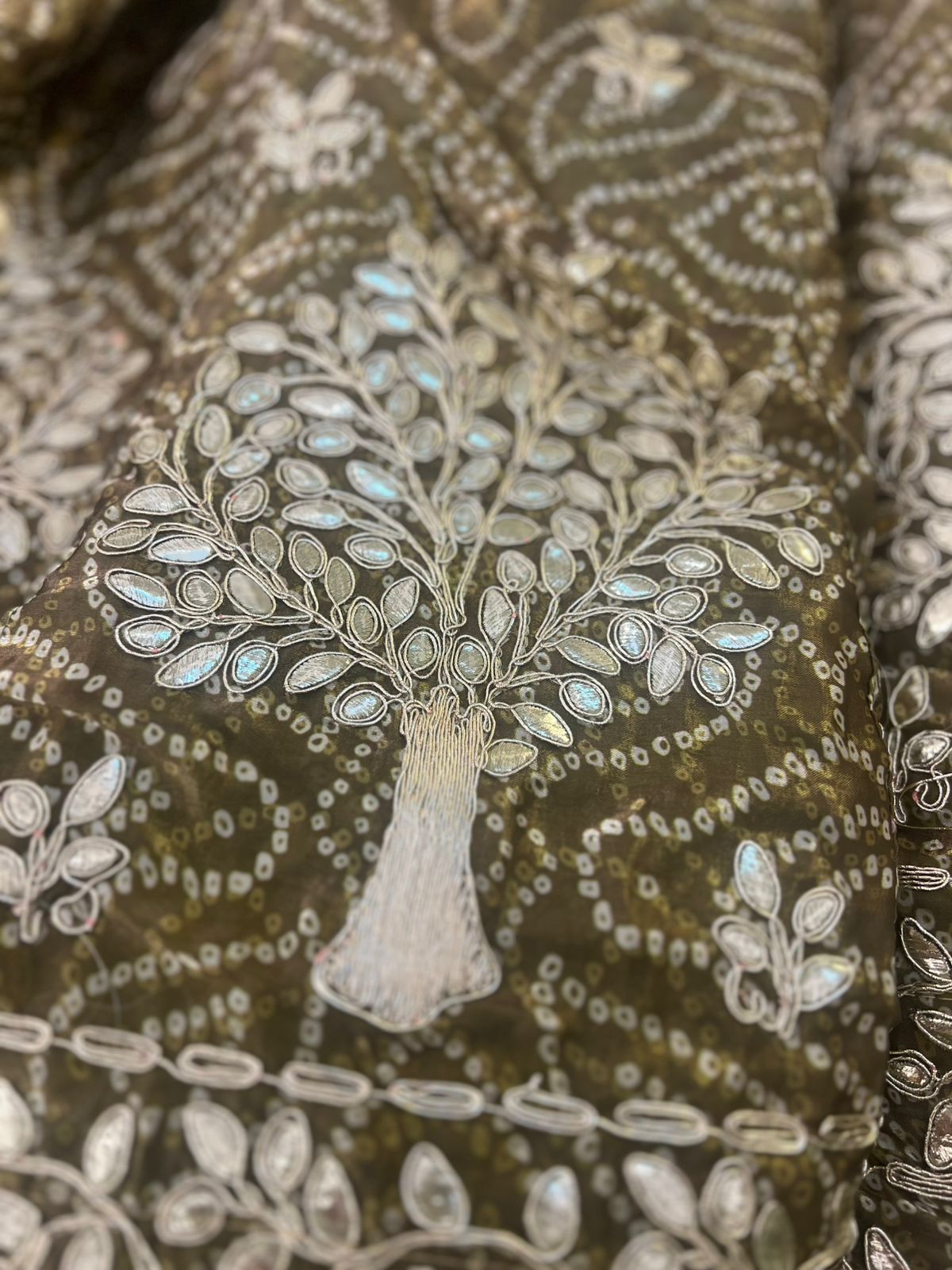 Bandhini with Gota Patti Work Full Ghera Mehendi Green Poshak (Unstitched)