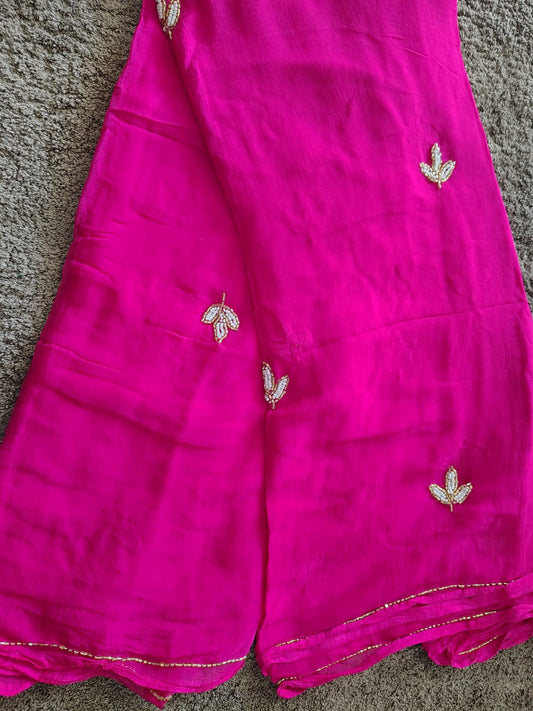 Soft Chiffon Pearl Work Magenta Pink Saree with Blouse Piece