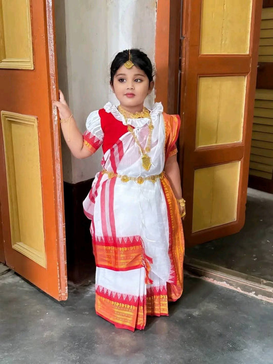 Beautiful White and Orange Baby Saree with Ready Blouse (3-7 Years)