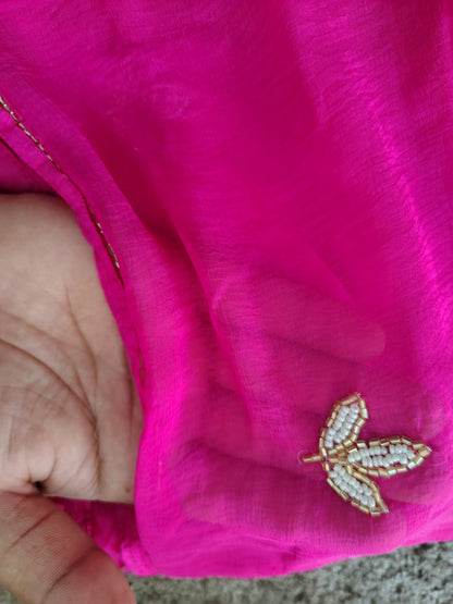 Soft Chiffon Pearl Work Magenta Pink Saree with Blouse Piece