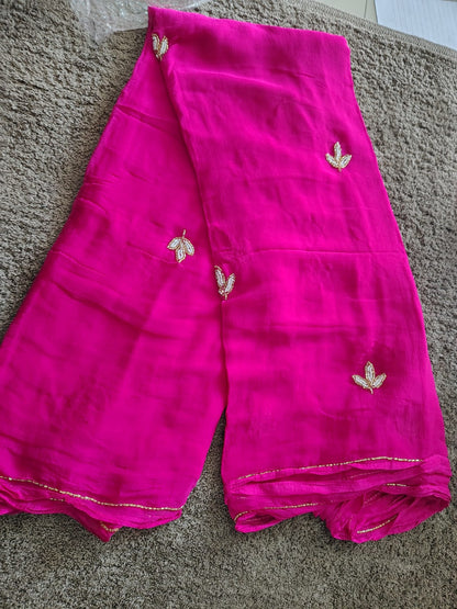 Soft Chiffon Pearl Work Magenta Pink Saree with Blouse Piece