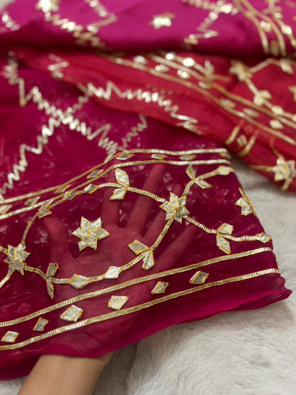 Beautiful Pure Chiffon Dual Shade Gota Designer Zaal Saree with same work Crepe Blouse Piece
