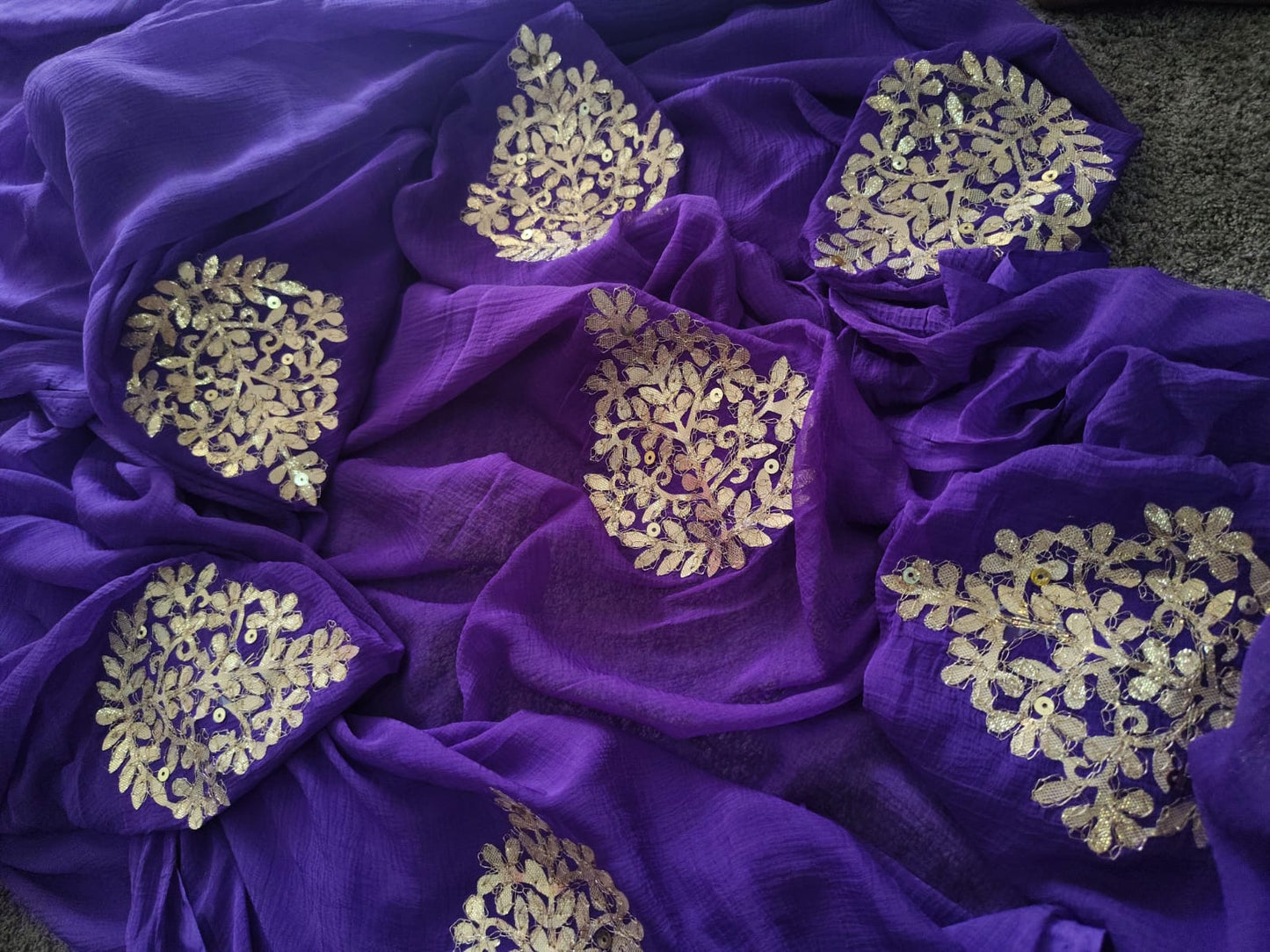 Beautiful Purple Chifffon Saree Gota Work all over the Saree with Same Fabric Blouse Piece