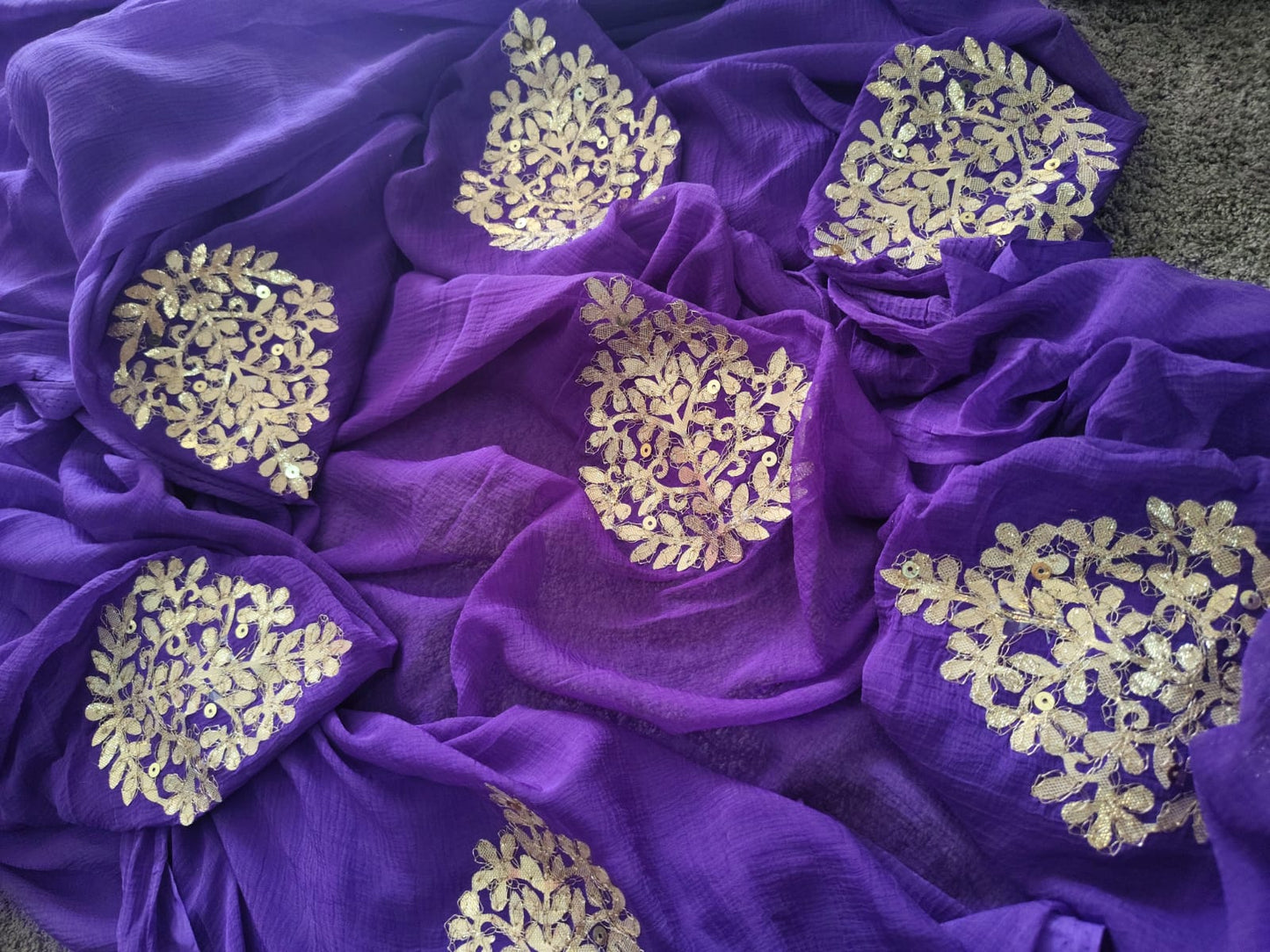 Beautiful Purple Chifffon Saree Gota Work all over the Saree with Same Fabric Blouse Piece