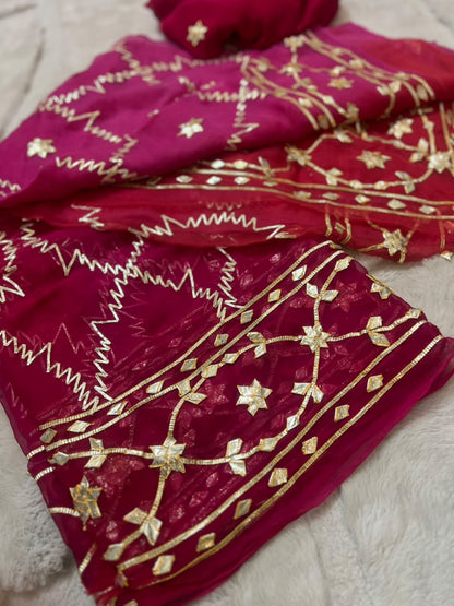 Beautiful Pure Chiffon Dual Shade Gota Designer Zaal Saree with same work Crepe Blouse Piece