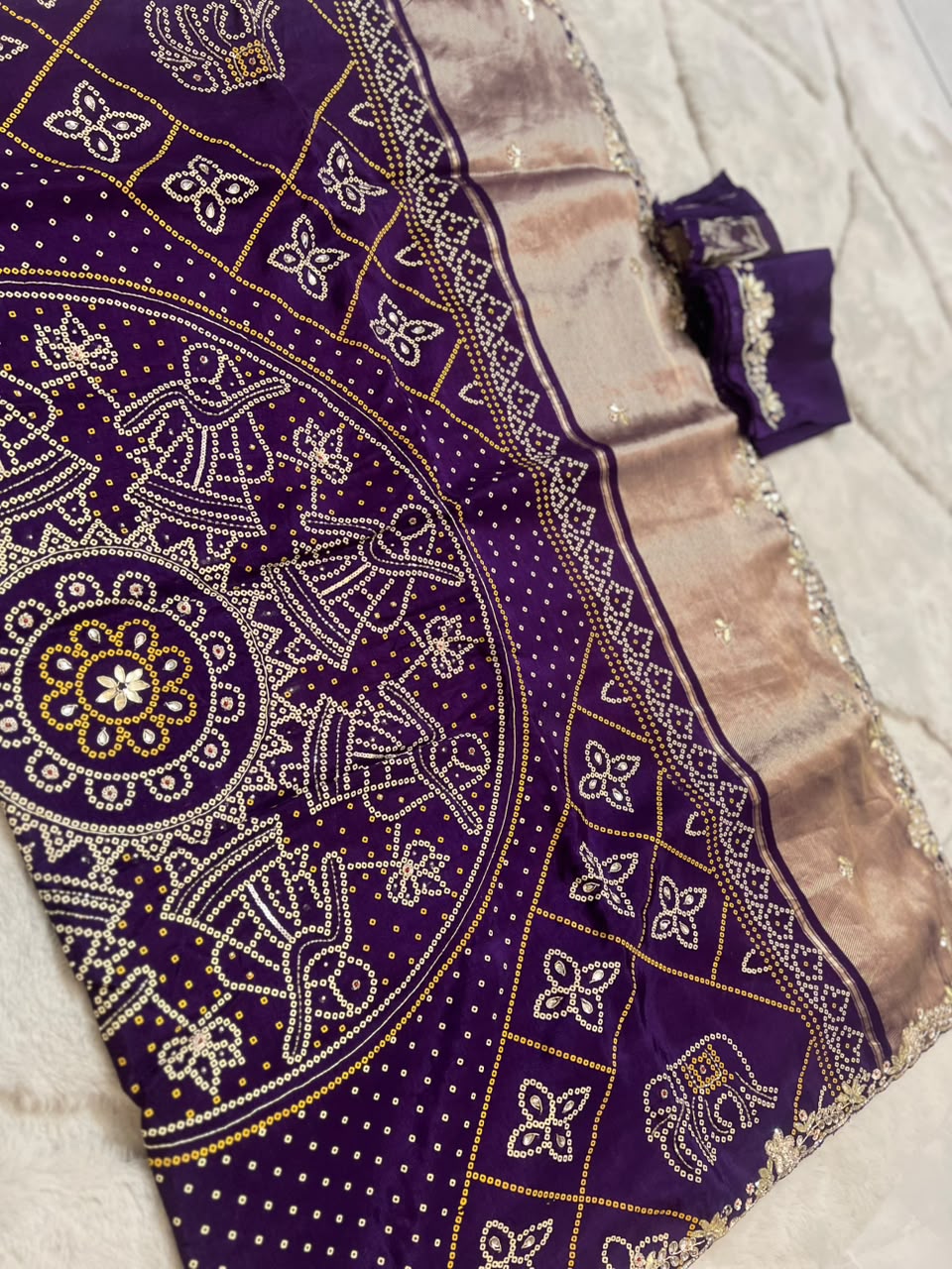 Beautiful H.O Silk Designer Bandhini Saree in Purple Color With Lovely Gota Work and Same Fabric Blouse Piece