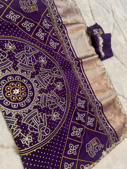 Beautiful H.O Silk Designer Bandhini Saree in Purple Color With Lovely Gota Work and Same Fabric Blouse Piece