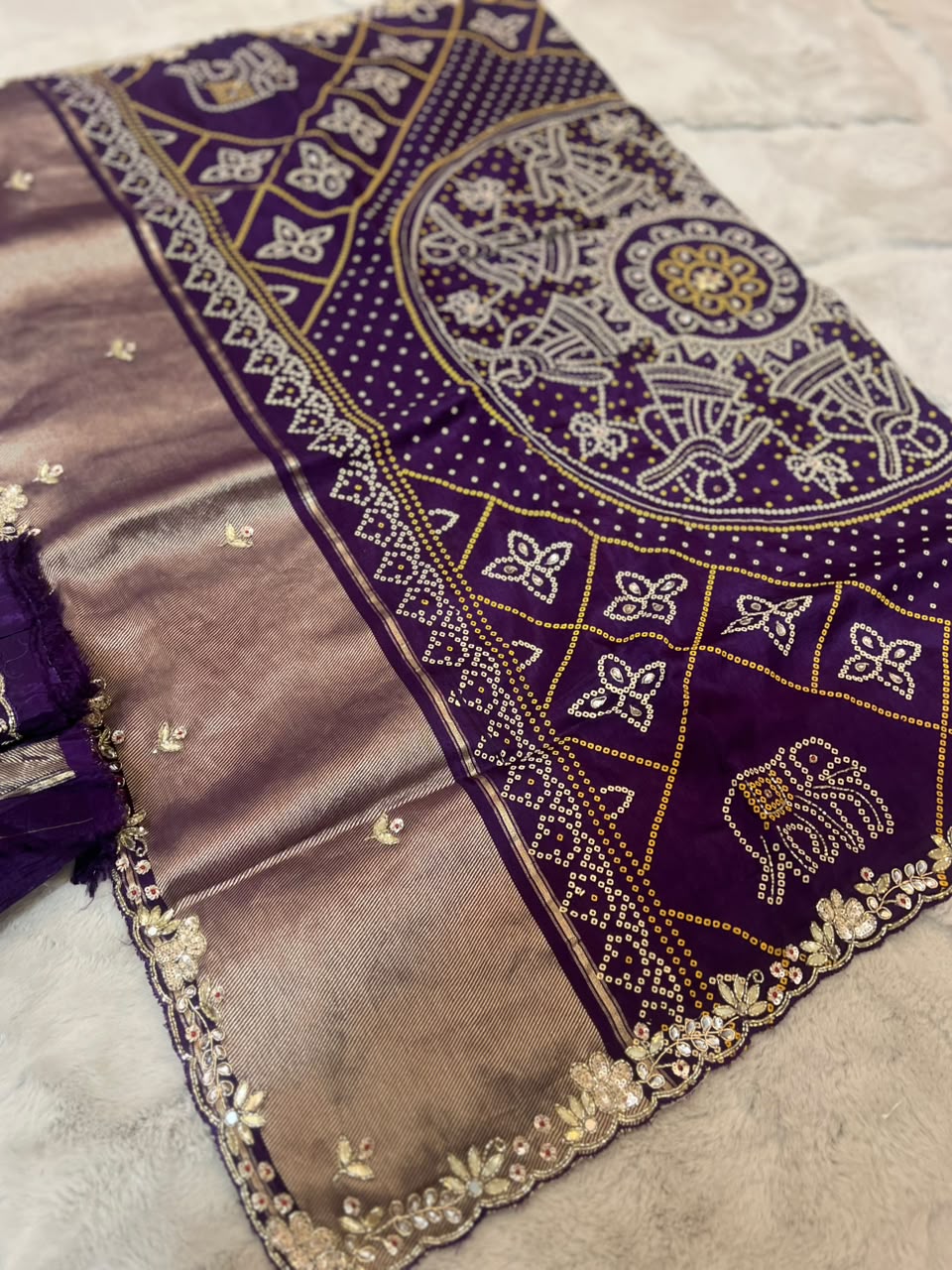 Beautiful H.O Silk Designer Bandhini Saree in Purple Color With Lovely Gota Work and Same Fabric Blouse Piece