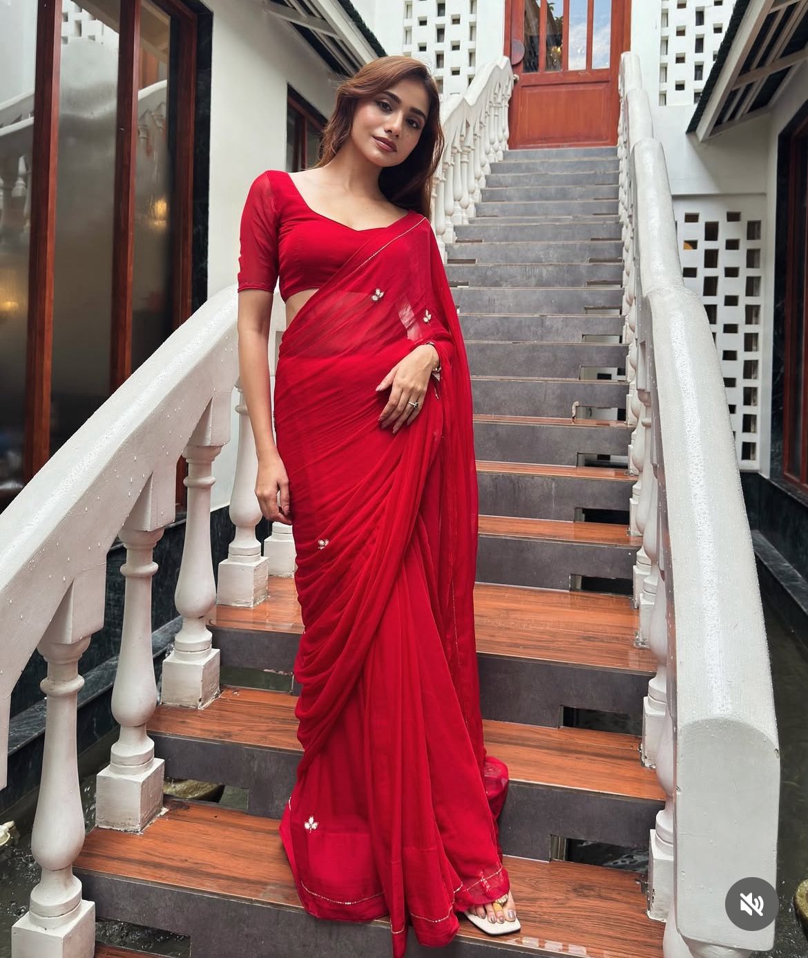 Soft Chiffon Pearl Work (Teen Patti Buti Design) Red Saree with Same Fabric Blouse Peice